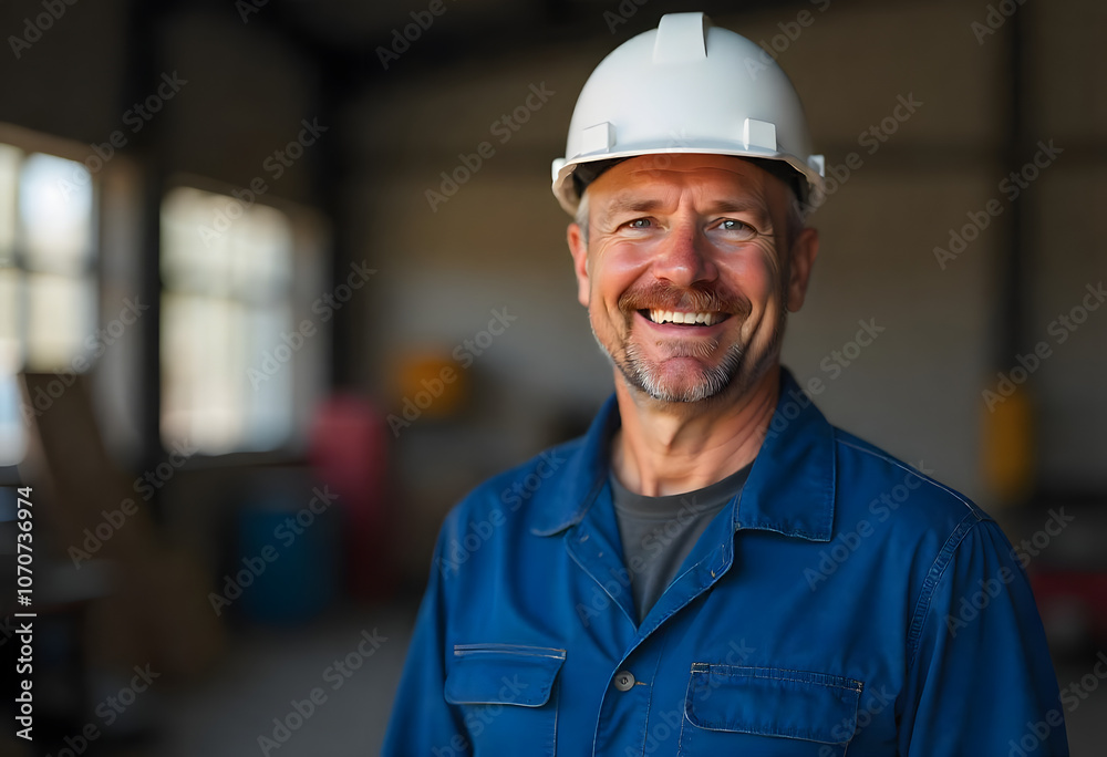 Middle aged man wearing a plastic yellow safety hat inside of a manufacturing space Middle aged man wearing a plastic yellow safety hat inside of a manufacturing space