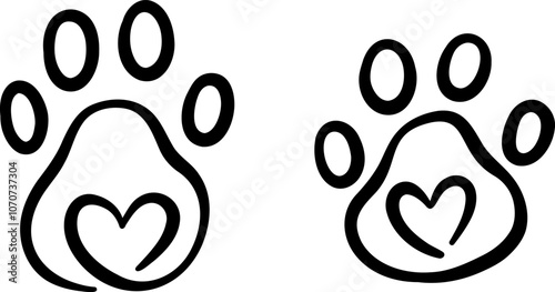 Cute paw ink doodles, heart line art illustration logo, flat clip art pet vector element design