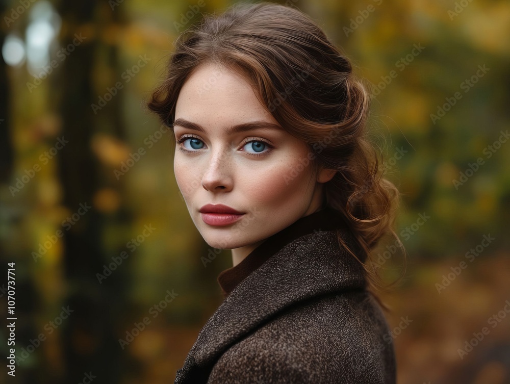 A woman with blue eyes standing in front of a tree A woman with blue eyes standing in front of a tree