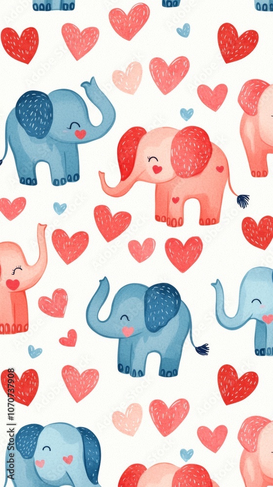 Seamless pattern with cute elephants and hearts, blue and pink colors. Seamless pattern with cute elephants and hearts, blue and pink colors.