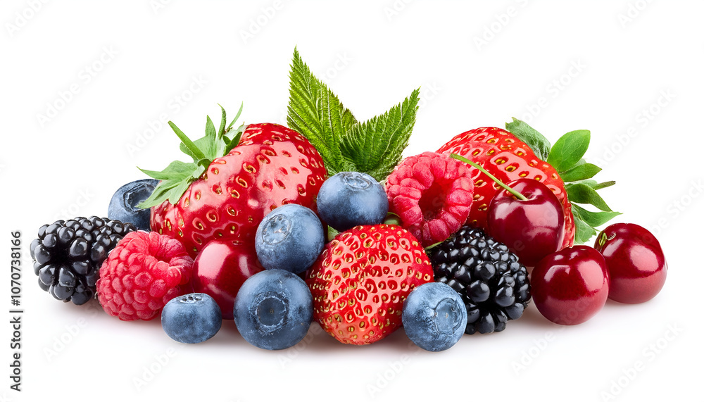 A vibrant display of fresh, ripe berries featuring strawberries, blueberries, raspberries, blackberries, and cherries against a white background, showcasing the fruit's natural colors and textures A vibrant display of fresh, ripe berries featuring strawberries, blueberries, raspberries, blackberries, and cherries against a white background, showcasing the fruit's natural colors and textures