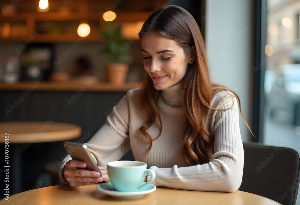 Beautiful young woman in her 20s sitting in a bright coffee place and using her phone while smiling Beautiful young woman in her 20s sitting in a bright coffee place and using her phone while smiling