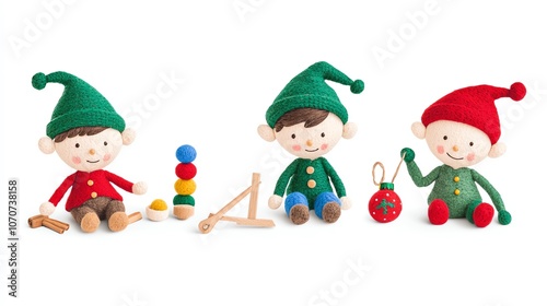 Crafting elves creating colorful toys in festive workshop, isolated on white, cheerful holiday theme, elves making toys, holiday decor photo