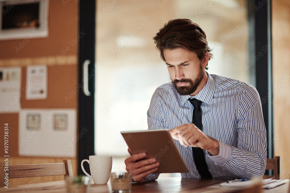 Digital, reading and tablet with business man for chief financial officer, corporate and annual report. Online, technology and company review with person in office for economy forecast and auditor Digital, reading and tablet with business man for chief financial officer, corporate and annual report. Online, technology and company review with person in office for economy forecast and auditor