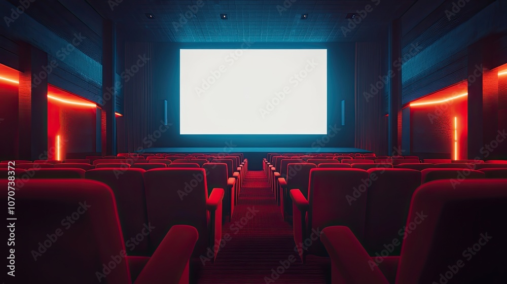 A quiet cinema auditorium with plush red seats, centered around a vast blank screen. Perfect for illustrating anticipation and cinematic magic. A quiet cinema auditorium with plush red seats, centered around a vast blank screen. Perfect for illustrating anticipation and cinematic magic.