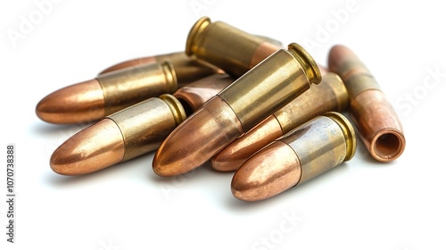 A collection of metallic bullets with copper tips arranged on a white background.