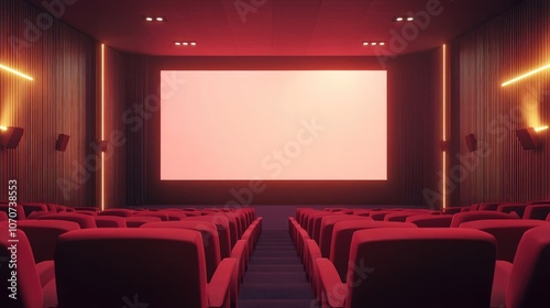 A quiet cinema auditorium with plush red seats, centered around a vast blank screen. Perfect for illustrating anticipation and cinematic magic.