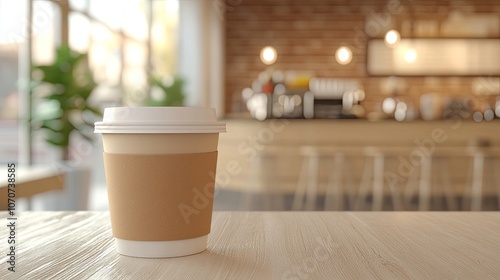 Wallpaper Mural A sleek mockup of a paper cup with a cap in a bright coffee shop setting, providing plenty of copy space for logos or messages. Perfect for advertising. Torontodigital.ca