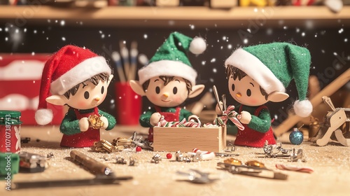 Elf team in cozy workshop filled with toy parts and candy, isolated on white, holiday ambiance, Christmas elves at work, holiday decor photo