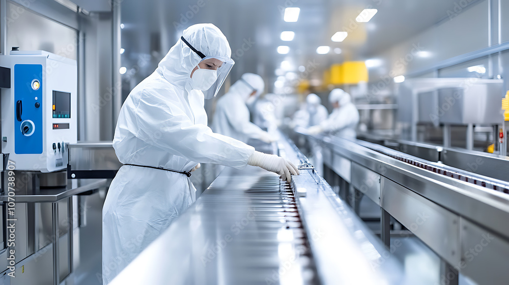 Conveyor belt with workers in the background at a food factory Conveyor belt with workers in the background at a food factory