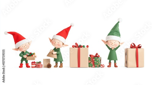 Festive elf workshop filled with toys, candy, and holiday lights, elves crafting gifts, isolated on white, Christmas workshop, holiday decor