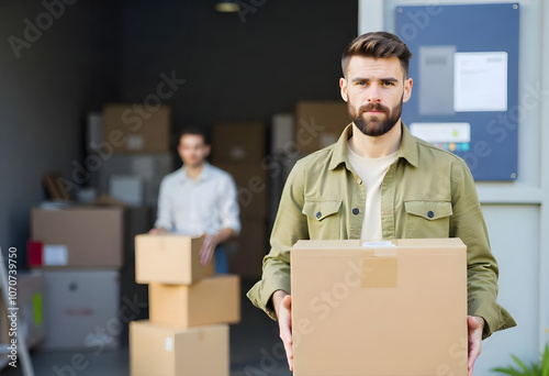 Man in his 30s wearing a yellow jacket, holding a box, handling loading and unloading in warehouse storage unit to keep things running smoothly