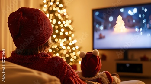 Living room decorated for Christmas, family enjoying holiday film on TV, warm and inviting, family movie time, holiday decor