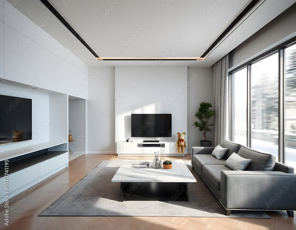 A modern room style with interior desgin built-in white cupboad, tv cabinet and marble table A modern room style with interior desgin built-in white cupboad, tv cabinet and marble table