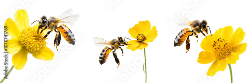 Set of A honey bee flying to a yellow flower and honey isolated on a transparent background