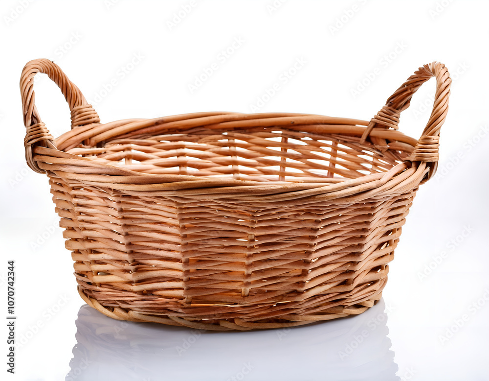 A close-up of an empty handcrafted woven basket set against a white background, highlighting its natural texture and traditional design. Ideal for storage, decoration, or gift presentation.
