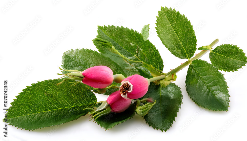 A fresh pink rosehip flower with green leaves and vibrant red berries, showcasing nature's beauty and elegance, set against a clean white background. Perfect for botanical or natural themes. A fresh pink rosehip flower with green leaves and vibrant red berries, showcasing nature's beauty and elegance, set against a clean white background. Perfect for botanical or natural themes.