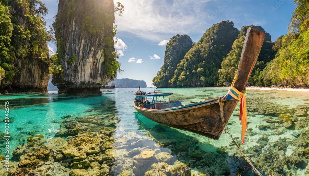 Obraz premium Traditional longtail boat in shallow turquoise waters surrounded by lush cliffs in Thailand