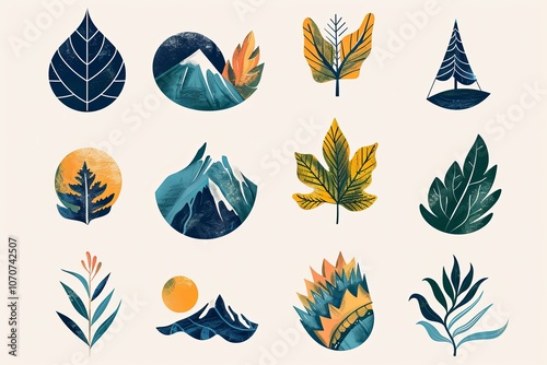 Colorful nature-inspired illustrations featuring leaves, mountains, and flowers on a cream background during autumn. Generative AI