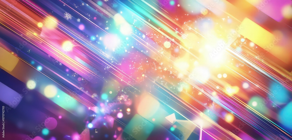 An abstract, colorful New Year's Eve banner featuring bright streaks of light and geometric shapes in festive shades. An abstract, colorful New Year's Eve banner featuring bright streaks of light and geometric shapes in festive shades.