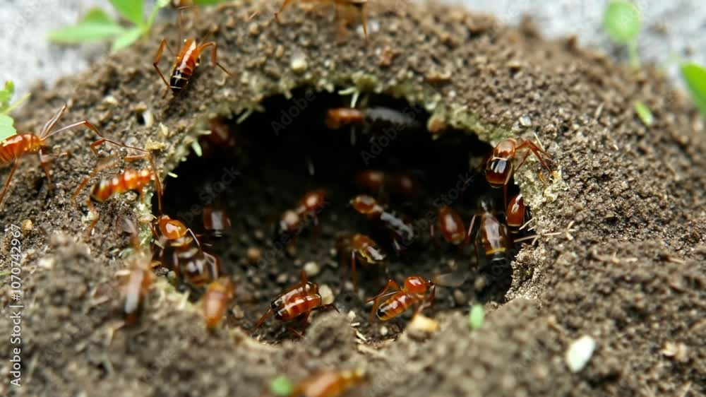 A macro shot of ants working together around their anthill entrance.