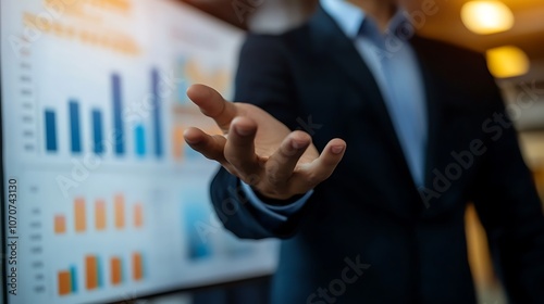 A business professional extends a hand, possibly for a handshake, with graphs in the background.