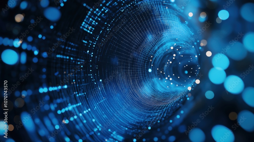 Abstract visualization of digital data swirling in a tunnel with bright blue particles in motion and depth perception effect Abstract visualization of digital data swirling in a tunnel with bright blue particles in motion and depth perception effect