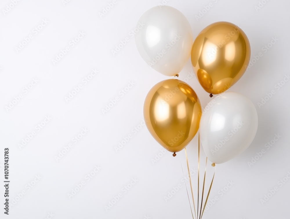 Shiny Gold and White Balloons Cluster on White Background Shiny Gold and White Balloons Cluster on White Background