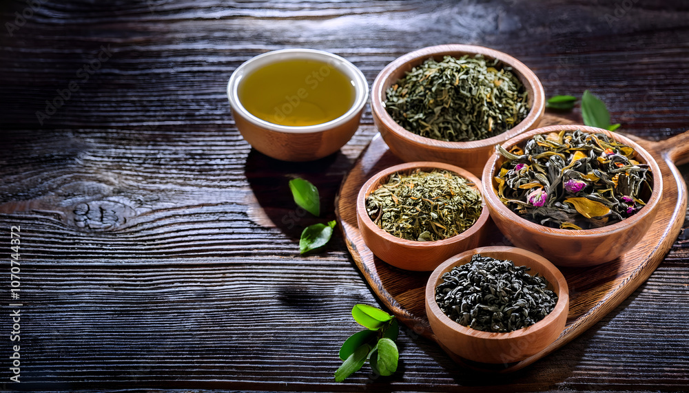 A variety of dried tea leaves and herbal infusions displayed in wooden bowls on a rustic table. The image conveys natural warmth and the concept of healthy relaxation A variety of dried tea leaves and herbal infusions displayed in wooden bowls on a rustic table. The image conveys natural warmth and the concept of healthy relaxation