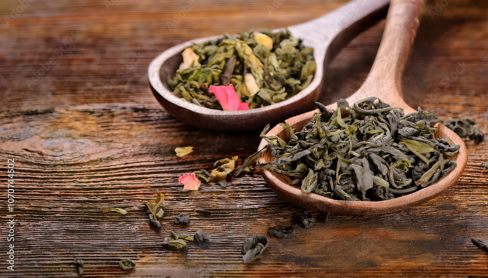 A variety of dried tea leaves and herbal infusions displayed in wooden bowls on a rustic table. The image conveys natural warmth and the concept of healthy relaxation A variety of dried tea leaves and herbal infusions displayed in wooden bowls on a rustic table. The image conveys natural warmth and the concept of healthy relaxation