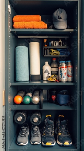 A well-organized locker with gym equipment, apparel, and footwear photo