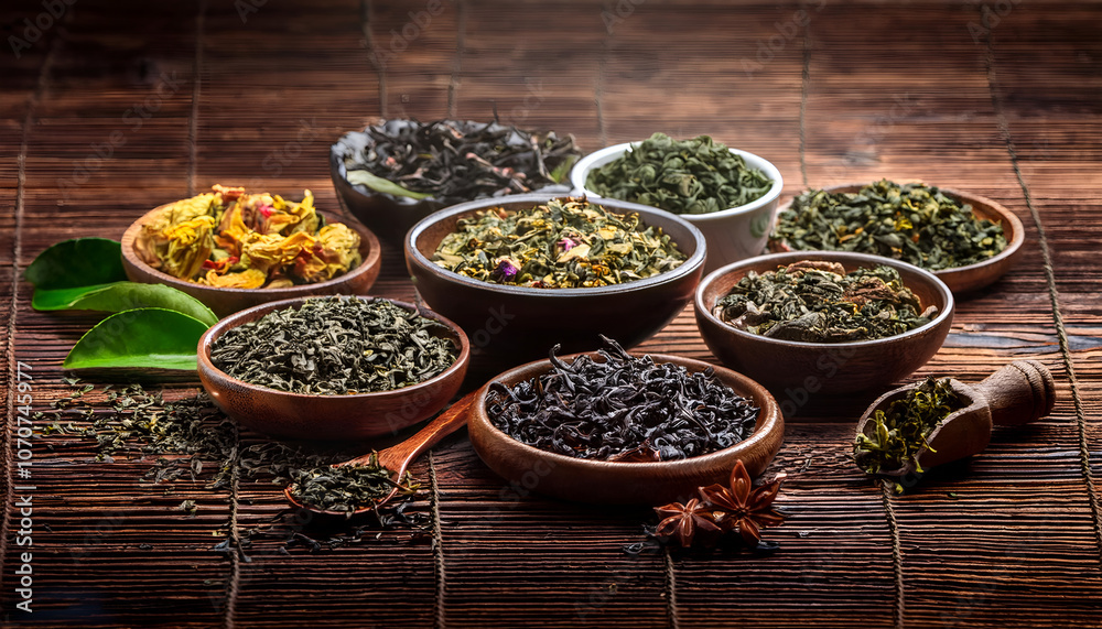 A variety of dried tea leaves and herbal infusions displayed in wooden bowls on a rustic table. The image conveys natural warmth and the concept of healthy relaxation A variety of dried tea leaves and herbal infusions displayed in wooden bowls on a rustic table. The image conveys natural warmth and the concept of healthy relaxation
