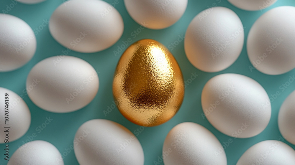 single golden egg stands out among a group of plain white eggs, symbolizing uniqueness, value, and opportunity. The blurred blue background adds depth and a sense of calm contrast single golden egg stands out among a group of plain white eggs, symbolizing uniqueness, value, and opportunity. The blurred blue background adds depth and a sense of calm contrast