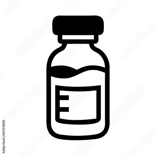 Vaccine vial icon for immunization and health, modern design in black and white, copy space