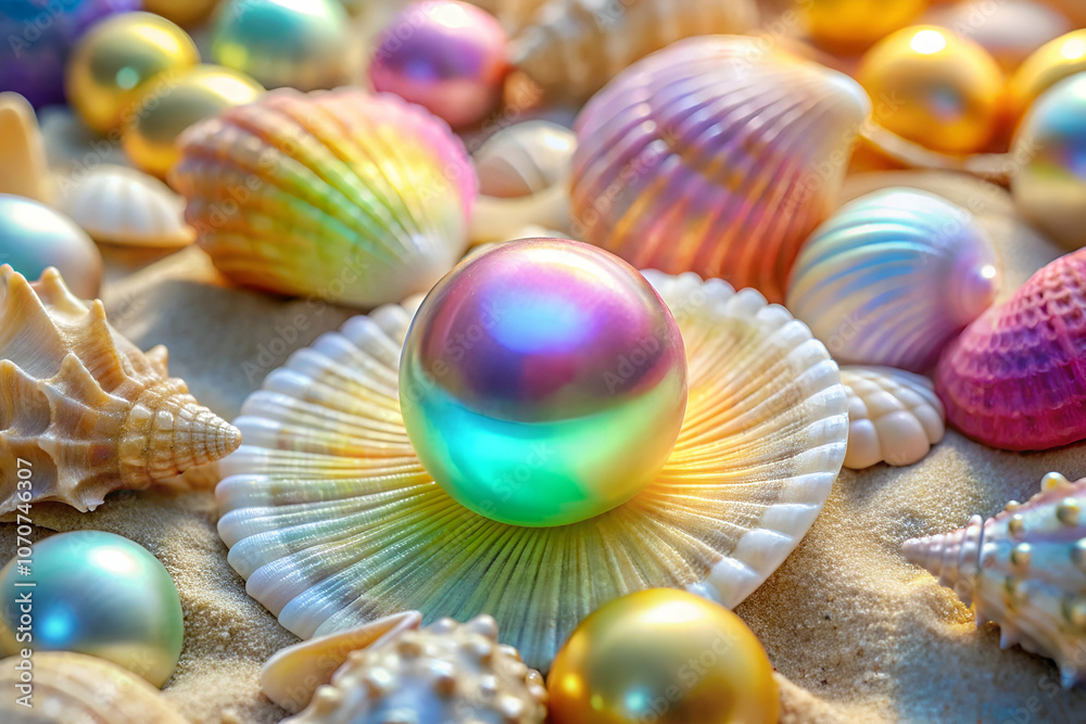 A vibrant arrangement of colorful pearls and seashells on a sandy surface, showcasing iridescent hues and intricate textures. A vibrant arrangement of colorful pearls and seashells on a sandy surface, showcasing iridescent hues and intricate textures.
