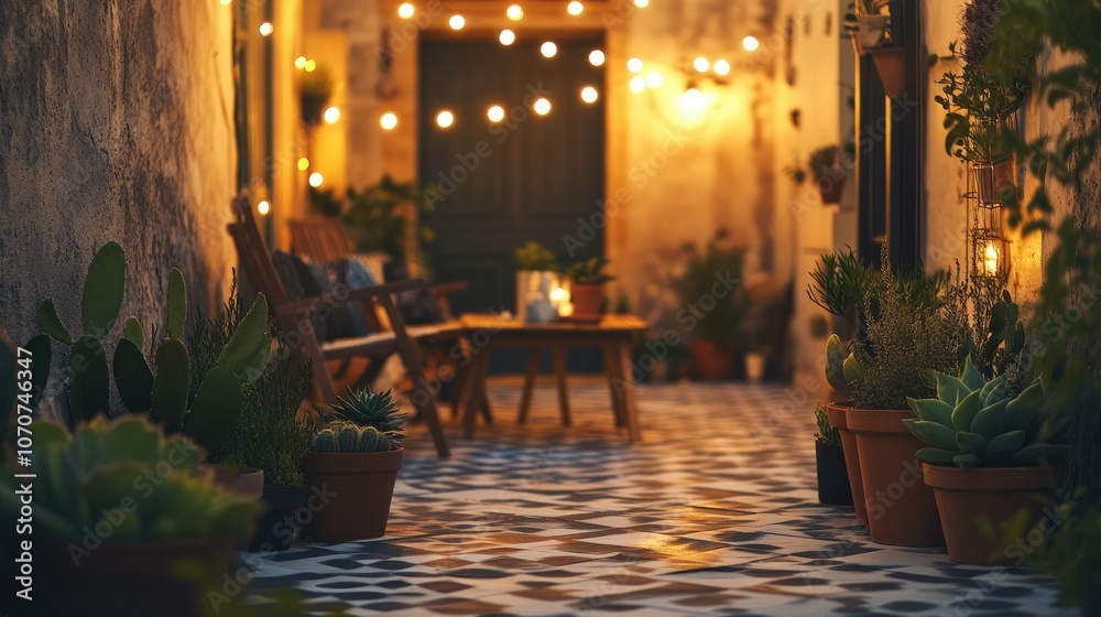 Obraz premium Cozy Patio with String Lights and Plants