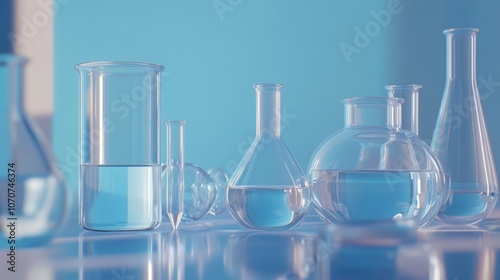 Photorealistic image of laboratory glassware set against a blue gradient background