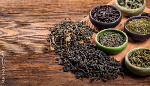 A variety of dried tea leaves and herbal infusions displayed in wooden bowls on a rustic table. The image conveys natural warmth and the concept of healthy relaxation photo