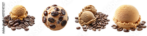 a scoop of coffee ice cream with beans rich texture isolated on white and transparent background photo