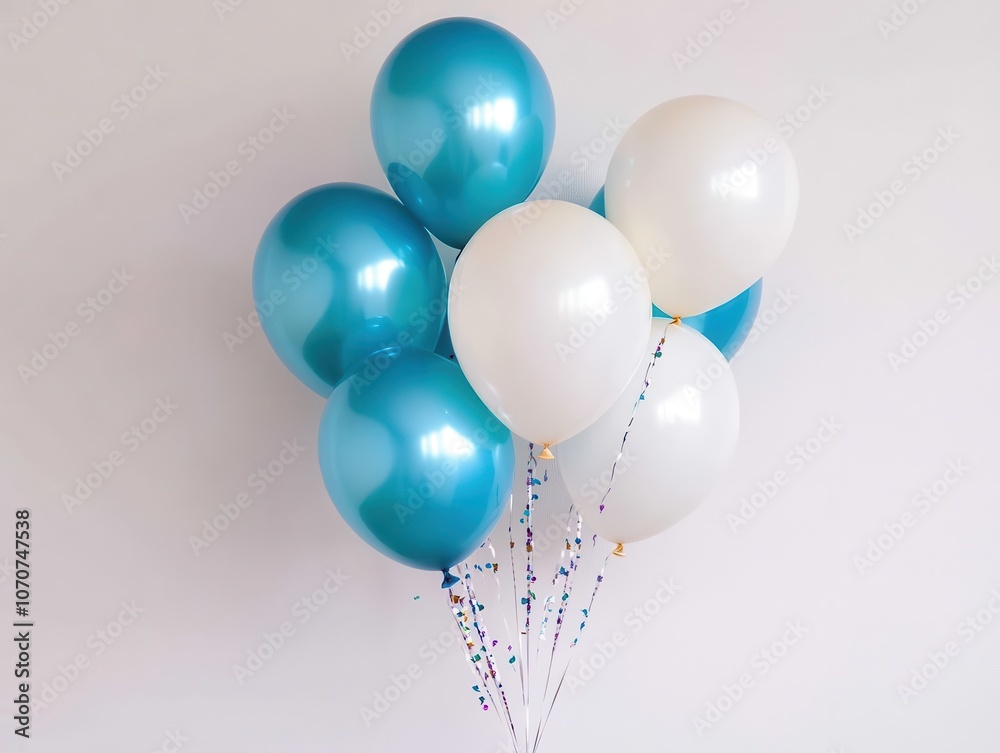 Cluster of Shiny Blue and White Balloons Floating Together Cluster of Shiny Blue and White Balloons Floating Together
