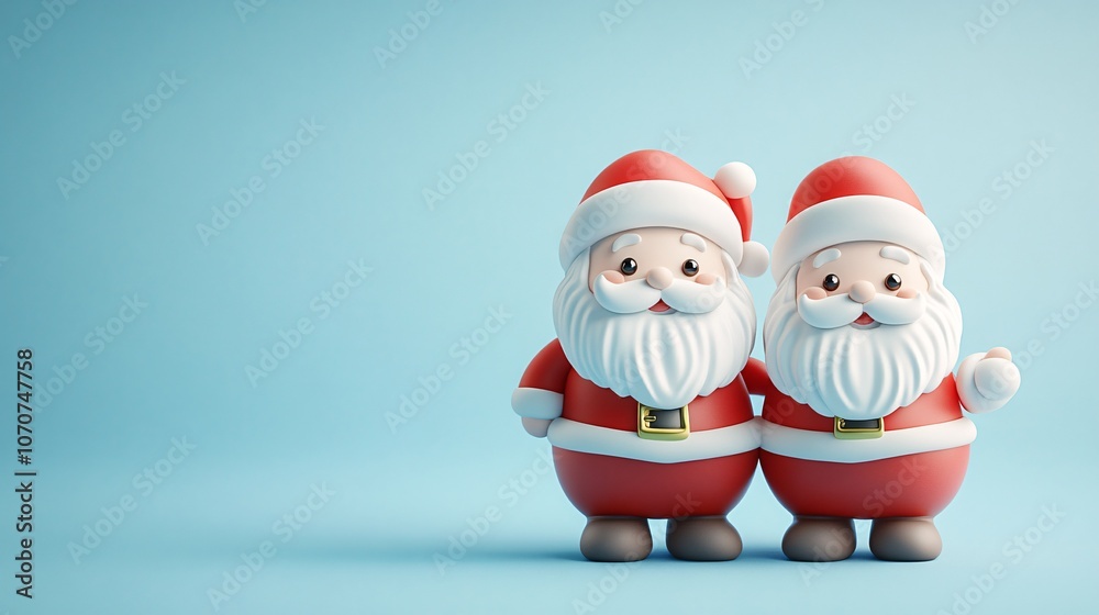 Obraz premium Two cheerful Santa Claus figurines stand side by side against a light blue background, embodying the festive spirit of Christmas.