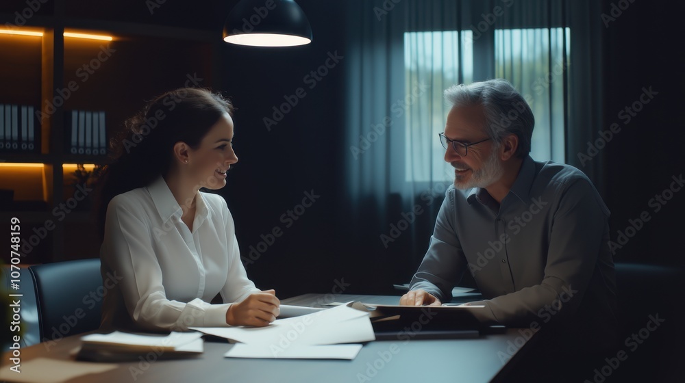 A professional discussion between a man and woman in an office setting during the evening A professional discussion between a man and woman in an office setting during the evening