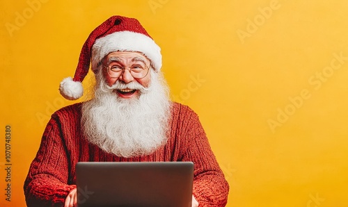 Wallpaper Mural Surprised santa claus looking at laptop on blue background Torontodigital.ca