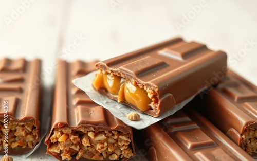 A chocolate bar with caramel filling is broken in half, revealing the delicious caramel center photo