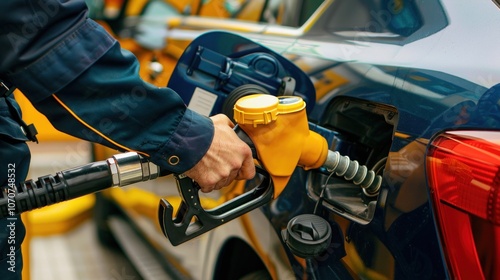 Close up of a gas station worker filling up a car tank at a fuel station