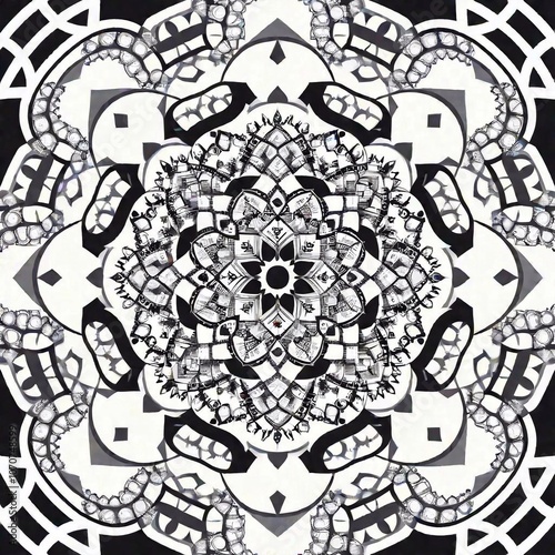 A mandala pattern with a focus on sacred geometry, incorporating shapes like triangles, hexagons, and circles for mindful coloring photo