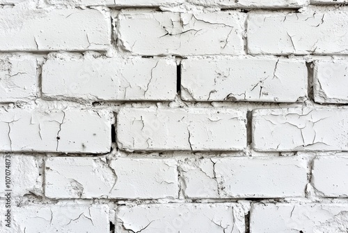 A close-up view of a white brick wall, showcasing its texture and cracks, ideal for backgrounds or architectural designs.