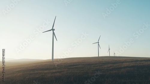 Wind turbines generating renewable energy on a hillside at sunset