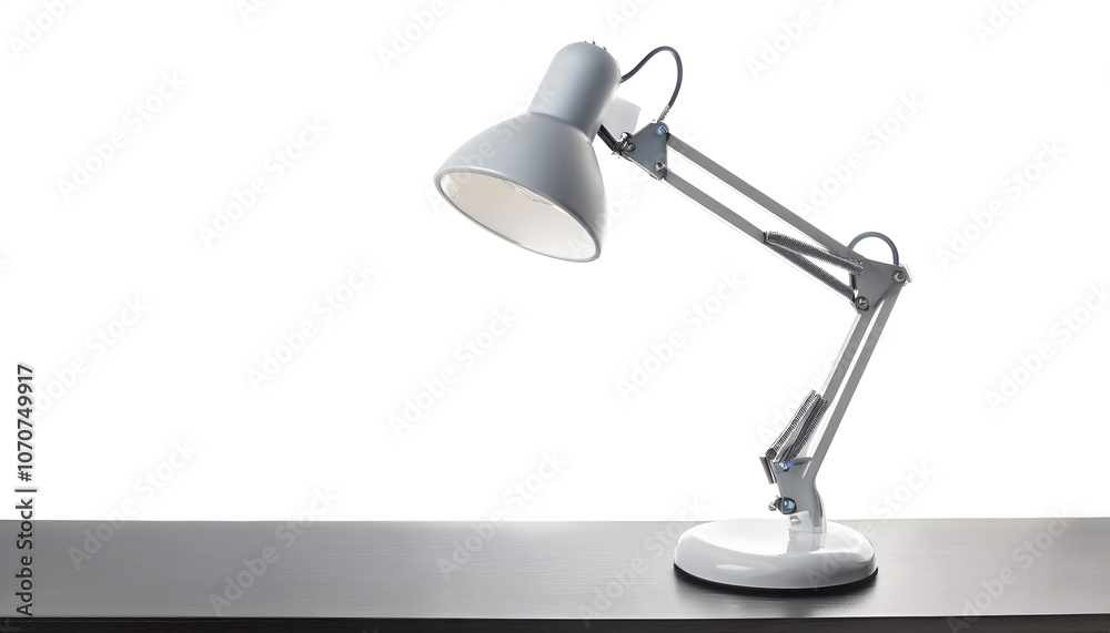 A sleek, modern metallic desk lamp poised gracefully against a plain white background, showcasing its stylish design and functionality perfect for office or home workspaces. A sleek, modern metallic desk lamp poised gracefully against a plain white background, showcasing its stylish design and functionality perfect for office or home workspaces.