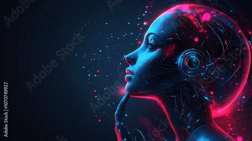 A futuristic, digital rendering of a woman's profile, highlighting neon colors and technology, evoking themes of AI and creativity.